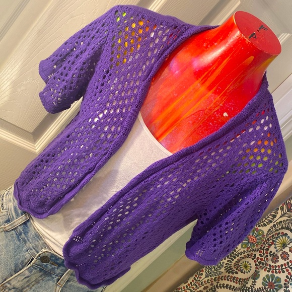 VINTAGE SARA MORGAN Purple Open-Knit Cropped Cardigan Sweater - Picture 10 of 12